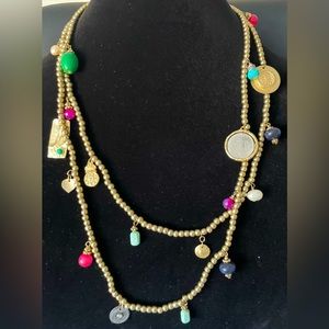 CHICO’S Gold Seed Bead Multi-Color Charm Medallion Long Endless Necklace NWT